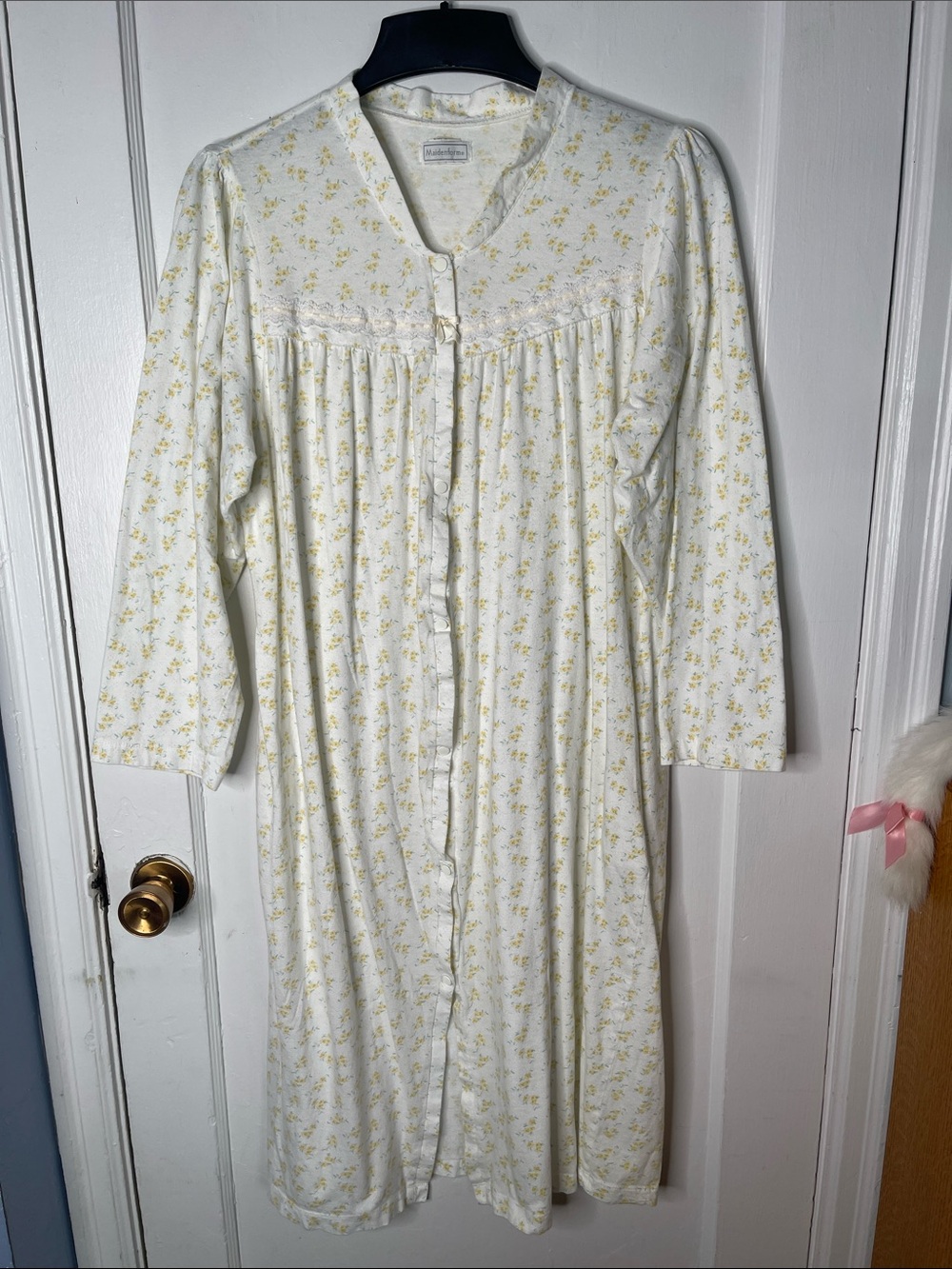 Vintage Maidenform Cotton Nightgown L White Yellow Ditzy Floral Long Snap Front
